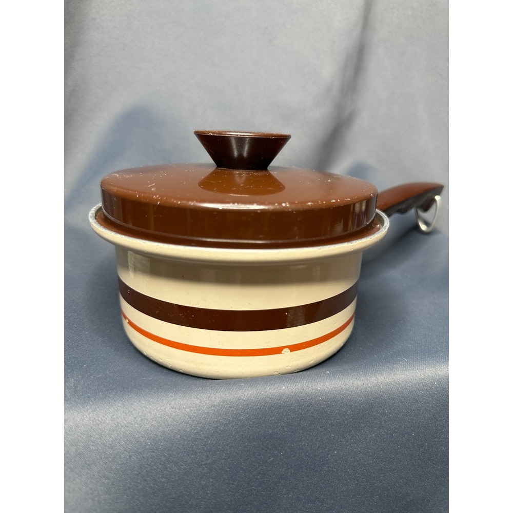 Vintage Mirro Aluminum Saucepan with Lid Brown Orange Stripes Retro Kitchenware